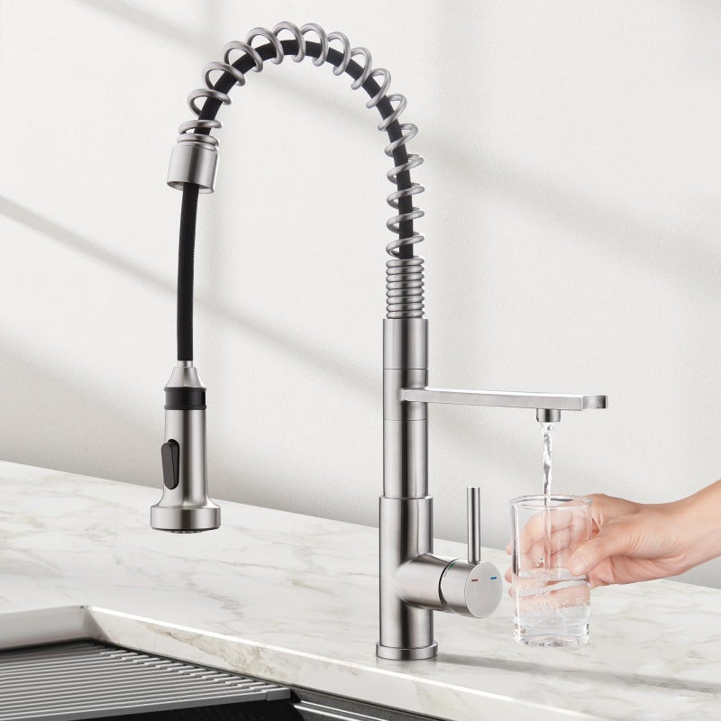 CREA 3-Way Kitchen Faucet, Brushed Chrome, Pull-Out, 20-Inch Flexible Hose, Single Lever Control, 5-Layer Stainless Steel Body, Advanced Ceramic Valve Core, 3/4-Inch Spout - Image 1